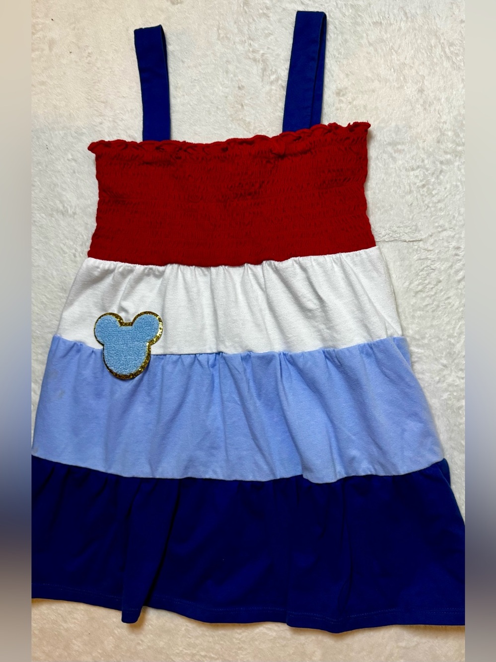 Girls small (6-7) Red White Light Blue Navy Tiered Sundress with Mickey Patch